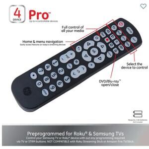 GE 4-Device Universal Remote Control for Roku & Samsung TVs